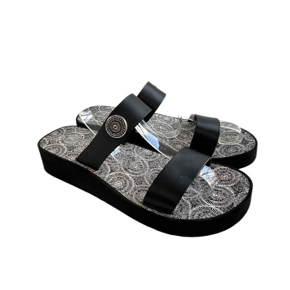 Brighton Sandals Size 10 Leather Black Medallion Wedge Slip On Cushioned Comfort